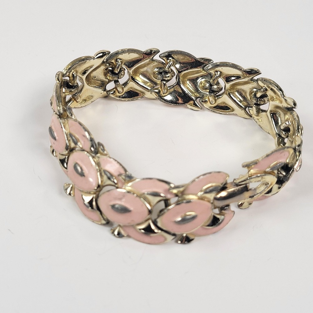 Vintage Coro Pink Enamel Link Bracelet Gold‎ Tone Chain 7" Costume Jewelry